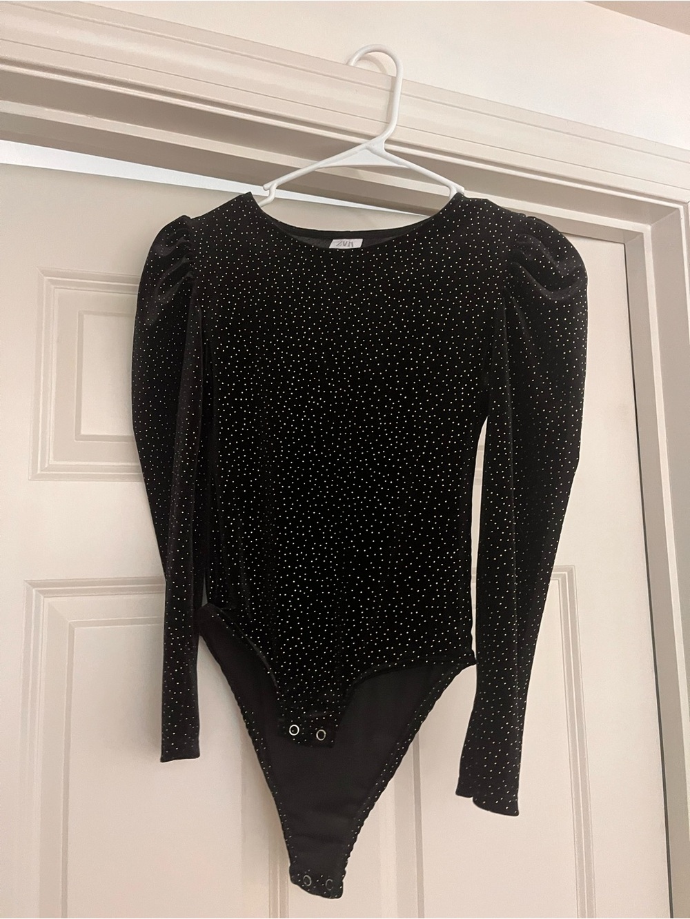 Zara Black Velvet Sparkle Puff-Sleeve Bodysuit